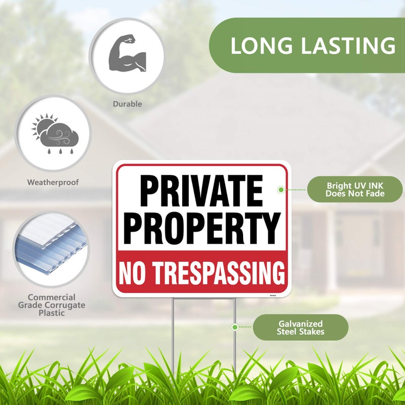 Venicor 2PC Private Property No Trespassing Sign with Metal Stakes, 17"x13" - Corrugated Plastic - No Trespass Keep Out Warning Security Signage for Home Outdoor Yard - Image 2